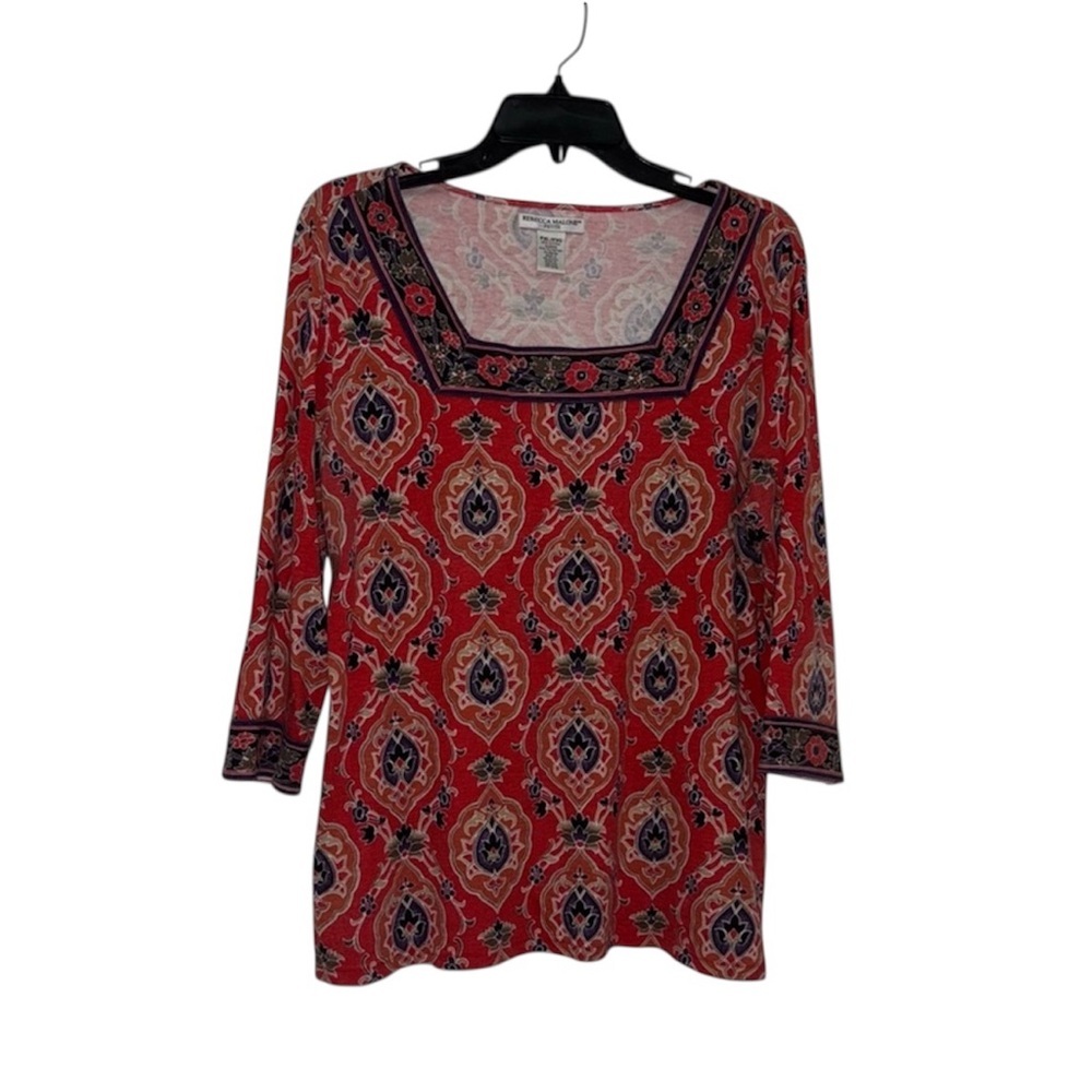 Rebecca Malone Red and Black Geometric 3/4 Sleeve Blouse